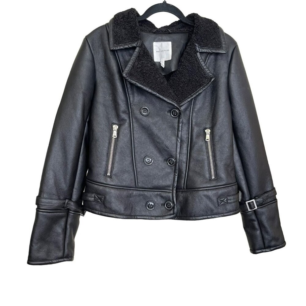Avec Les Filles $198 Black Faux Leather Moto Shearling Jacket Size Large NWT